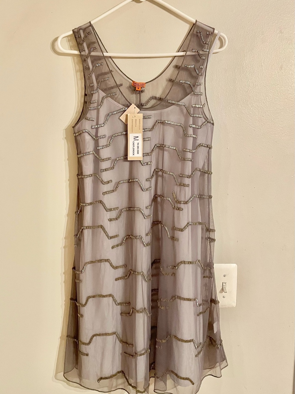 NWT- Chan Luu Silk Chiffon Embellished Beaded Overlay Dress Tunic Gray Medium